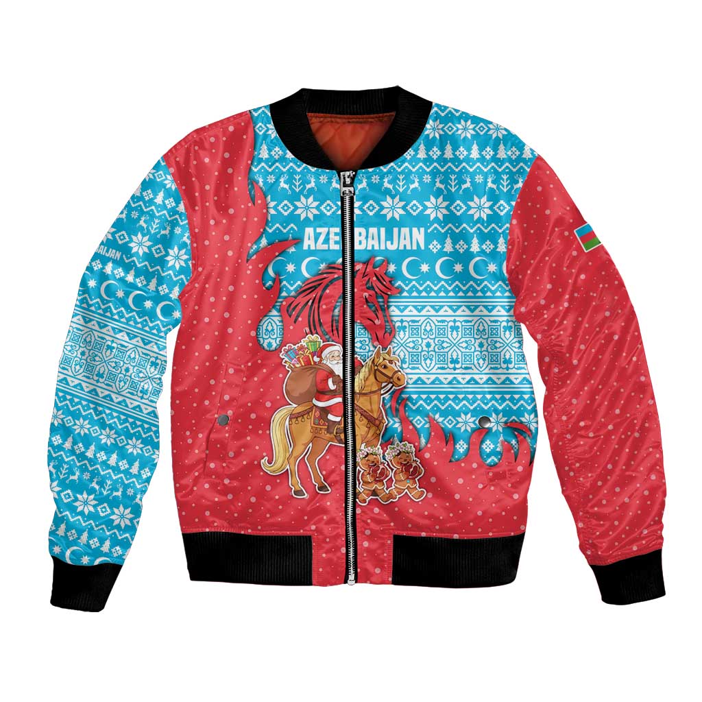 Azerbaijan Christmas Bomber Jacket with Santa Riding Horse Red Flame Motif and Blue Islamic Pattern Design - Wonder Print Shop