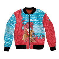 Azerbaijan Christmas Bomber Jacket with Santa Riding Horse Red Flame Motif and Blue Islamic Pattern Design - Wonder Print Shop