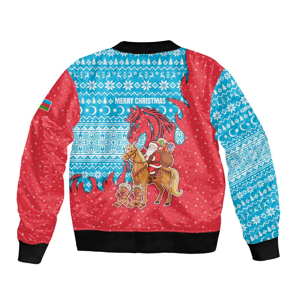 Azerbaijan Christmas Bomber Jacket with Santa Riding Horse Red Flame Motif and Blue Islamic Pattern Design - Wonder Print Shop