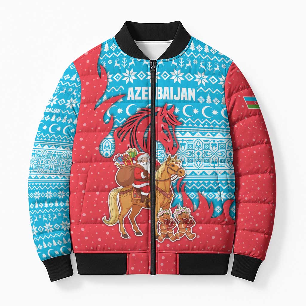 Azerbaijan Christmas Bomber Puffer Jacket with Santa Riding Horse Red Flame Motif and Blue Islamic Pattern Design - Wonder Print Shop