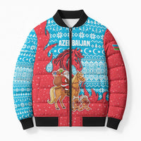 Azerbaijan Christmas Bomber Puffer Jacket with Santa Riding Horse Red Flame Motif and Blue Islamic Pattern Design - Wonder Print Shop