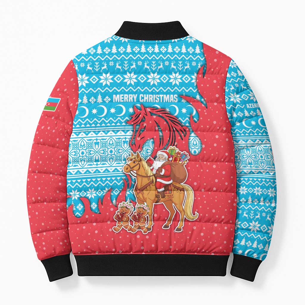 Azerbaijan Christmas Bomber Puffer Jacket with Santa Riding Horse Red Flame Motif and Blue Islamic Pattern Design - Wonder Print Shop