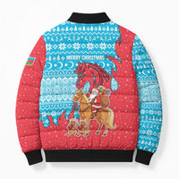 Azerbaijan Christmas Bomber Puffer Jacket with Santa Riding Horse Red Flame Motif and Blue Islamic Pattern Design - Wonder Print Shop
