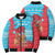 Azerbaijan Christmas Bomber Puffer Jacket with Santa Riding Horse Red Flame Motif and Blue Islamic Pattern Design - Wonder Print Shop