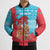 Azerbaijan Christmas Bomber Puffer Jacket with Santa Riding Horse Red Flame Motif and Blue Islamic Pattern Design - Wonder Print Shop