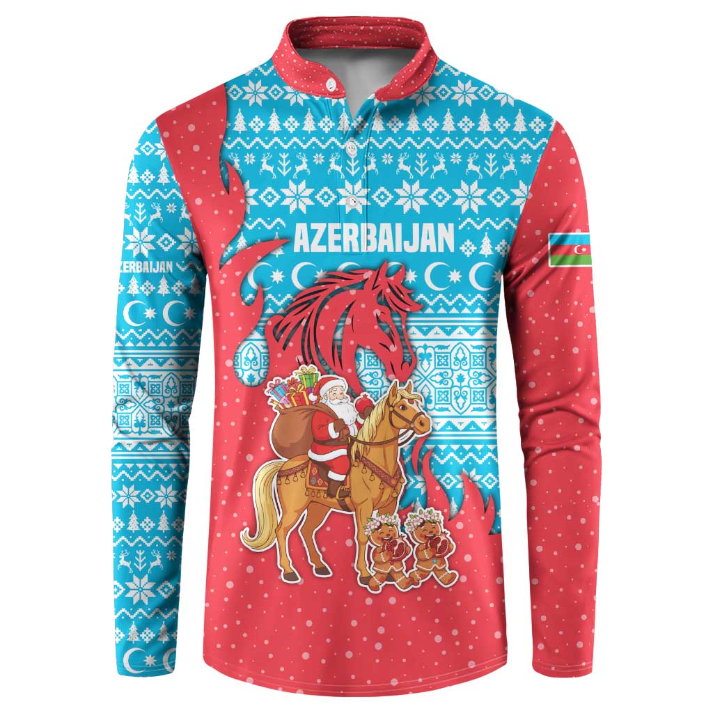 Azerbaijan Christmas Button Sweatshirt with Santa Riding Horse Red Flame Motif and Blue Islamic Pattern Design - Wonder Print Shop