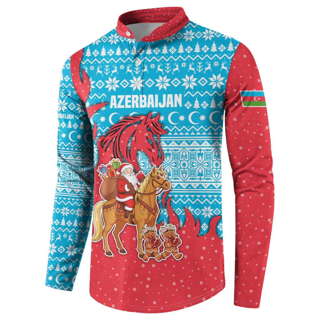 Azerbaijan Christmas Button Sweatshirt with Santa Riding Horse Red Flame Motif and Blue Islamic Pattern Design - Wonder Print Shop