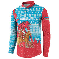Azerbaijan Christmas Button Sweatshirt with Santa Riding Horse Red Flame Motif and Blue Islamic Pattern Design - Wonder Print Shop