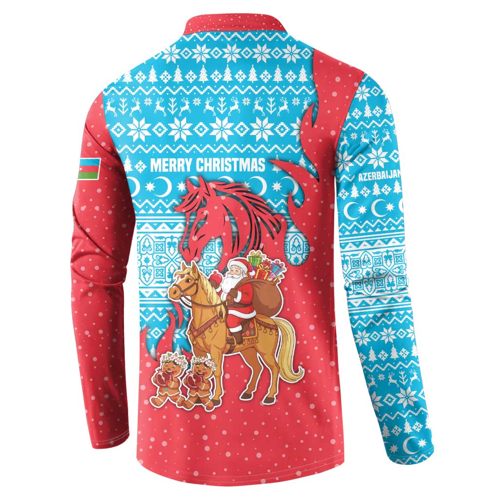 Azerbaijan Christmas Button Sweatshirt with Santa Riding Horse Red Flame Motif and Blue Islamic Pattern Design - Wonder Print Shop