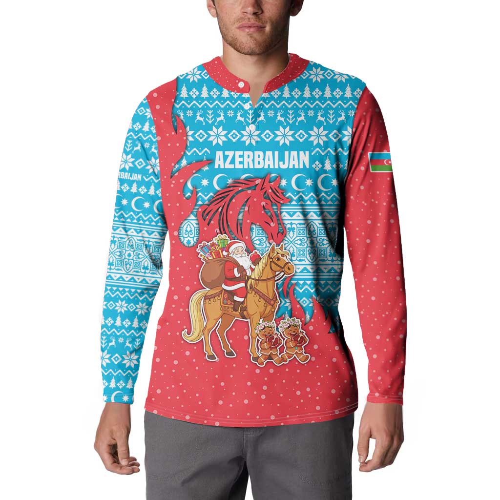 Azerbaijan Christmas Button Sweatshirt with Santa Riding Horse Red Flame Motif and Blue Islamic Pattern Design - Wonder Print Shop