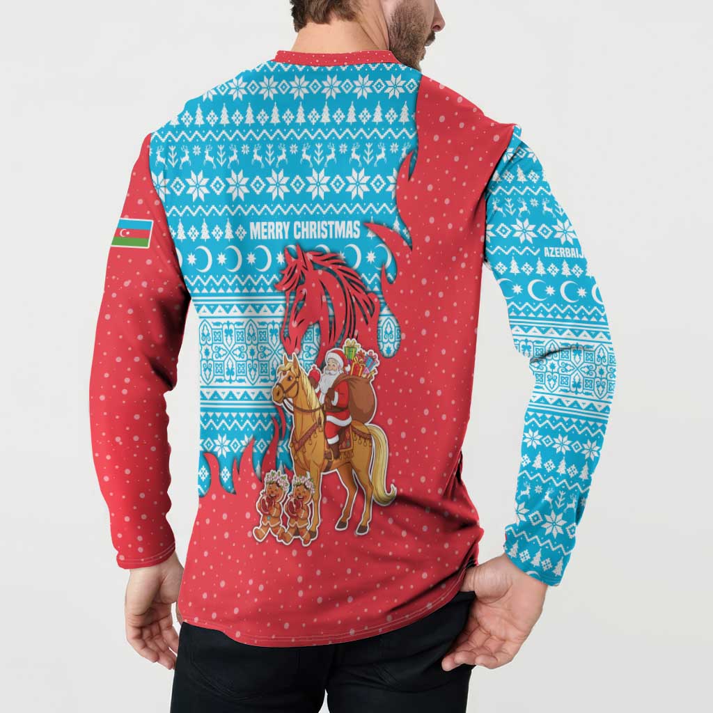Azerbaijan Christmas Button Sweatshirt with Santa Riding Horse Red Flame Motif and Blue Islamic Pattern Design - Wonder Print Shop