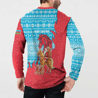 Azerbaijan Christmas Button Sweatshirt with Santa Riding Horse Red Flame Motif and Blue Islamic Pattern Design - Wonder Print Shop