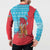 Azerbaijan Christmas Button Sweatshirt with Santa Riding Horse Red Flame Motif and Blue Islamic Pattern Design - Wonder Print Shop