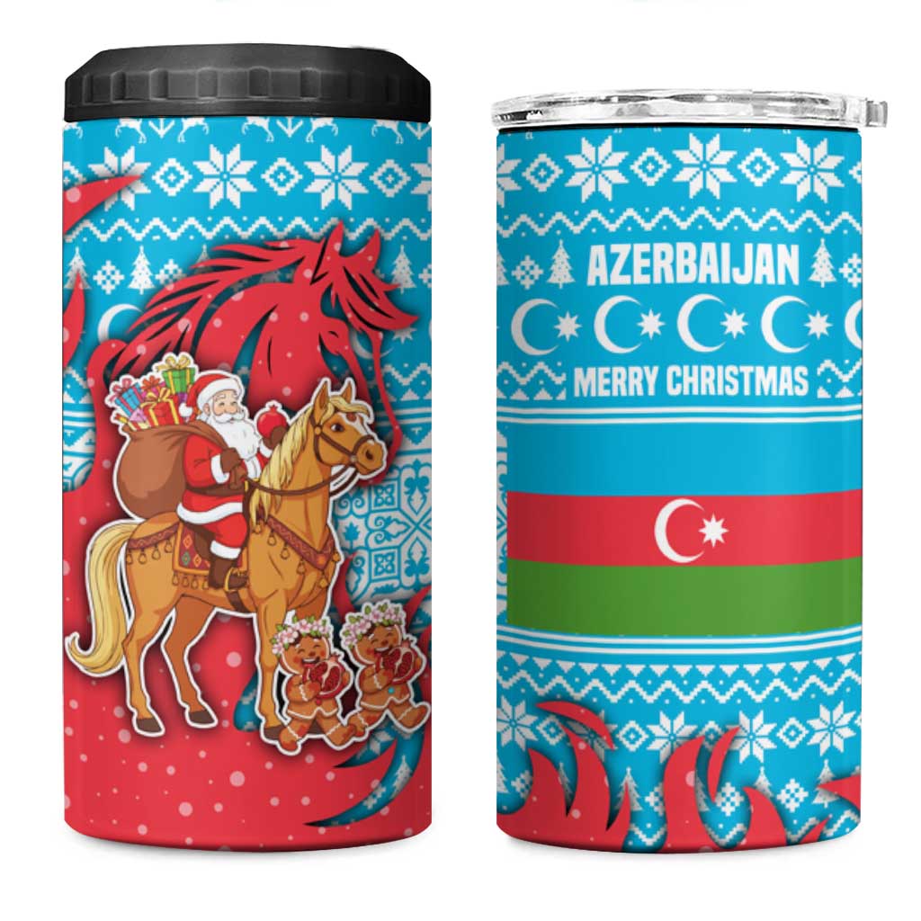 Azerbaijan Christmas 4 in 1 Can Cooler Tumbler with Santa Riding Horse Red Flame Motif and Blue Islamic Pattern Design - Wonder Print Shop