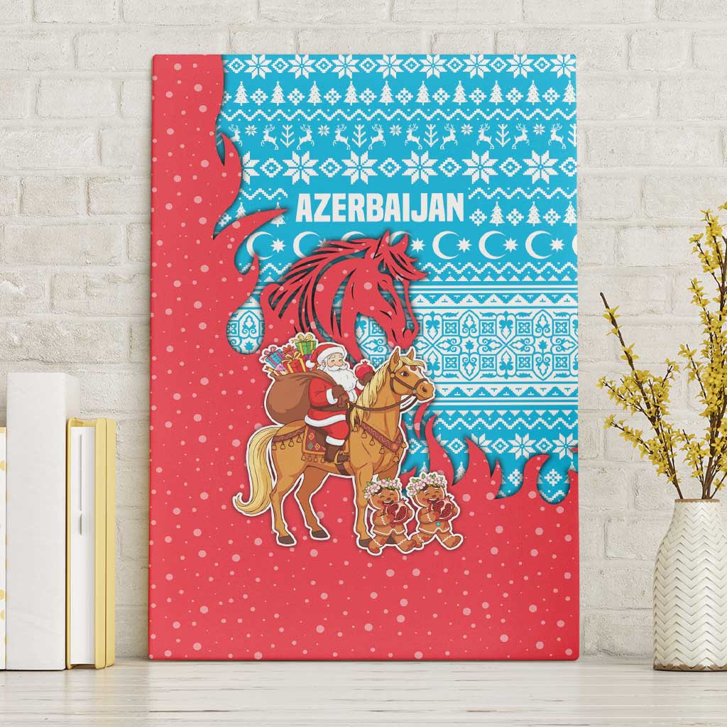 Azerbaijan Christmas Canvas Wall Art with Santa Riding Horse Red Flame Motif and Blue Islamic Pattern Design - Wonder Print Shop