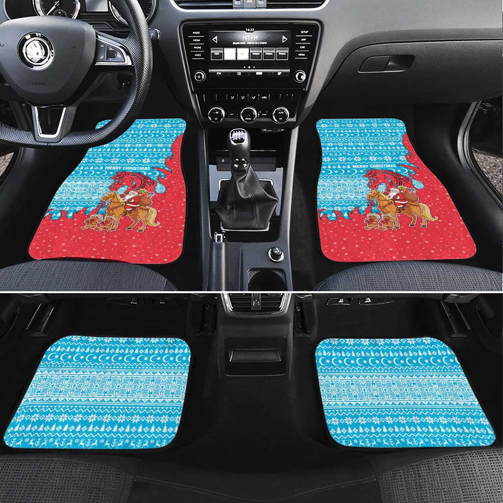Azerbaijan Christmas Car Mats with Santa Riding Horse Red Flame Motif and Blue Islamic Pattern Design - Wonder Print Shop