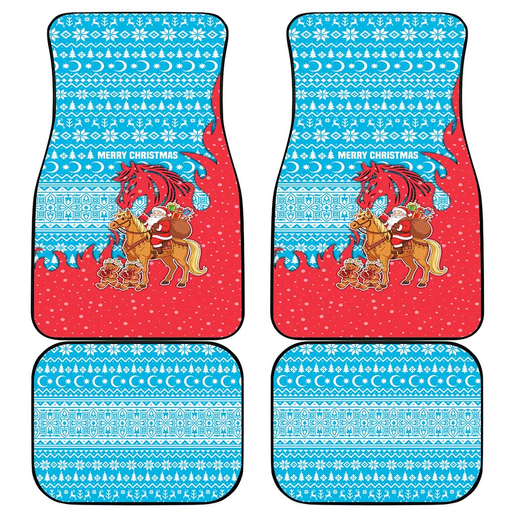 Azerbaijan Christmas Car Mats with Santa Riding Horse Red Flame Motif and Blue Islamic Pattern Design - Wonder Print Shop