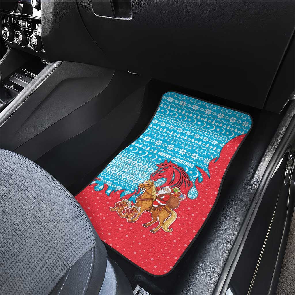 Azerbaijan Christmas Car Mats with Santa Riding Horse Red Flame Motif and Blue Islamic Pattern Design - Wonder Print Shop