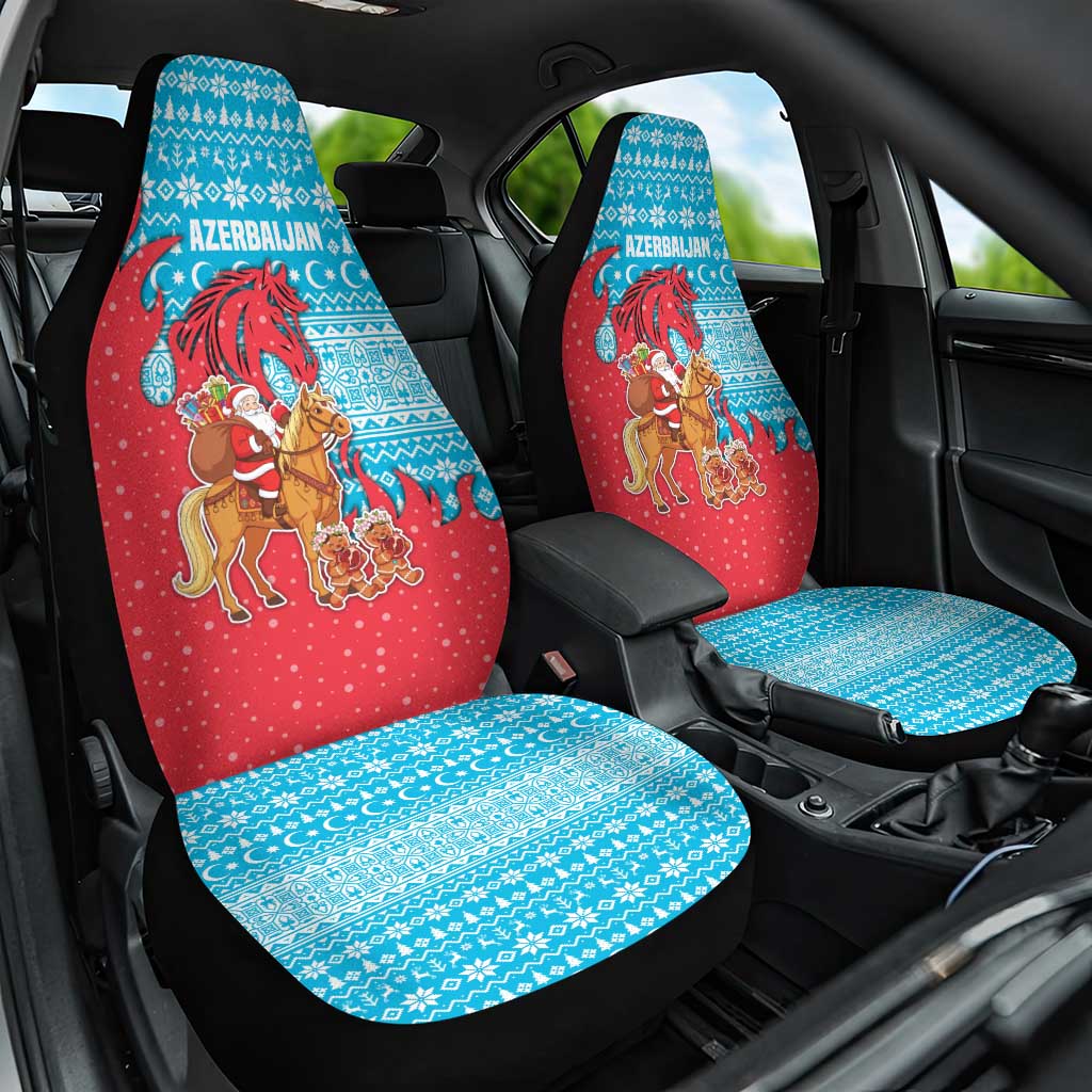 Azerbaijan Christmas Car Seat Cover with Santa Riding Horse Red Flame Motif and Blue Islamic Pattern Design - Wonder Print Shop
