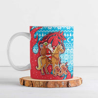 Azerbaijan Christmas Ceramic Mug with Santa Riding Horse Red Flame Motif and Blue Islamic Pattern Design - Wonder Print Shop