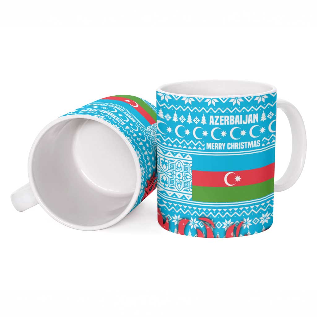 Azerbaijan Christmas Ceramic Mug with Santa Riding Horse Red Flame Motif and Blue Islamic Pattern Design - Wonder Print Shop