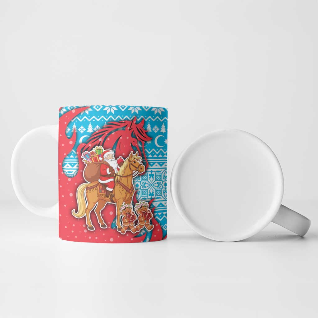 Azerbaijan Christmas Ceramic Mug with Santa Riding Horse Red Flame Motif and Blue Islamic Pattern Design - Wonder Print Shop