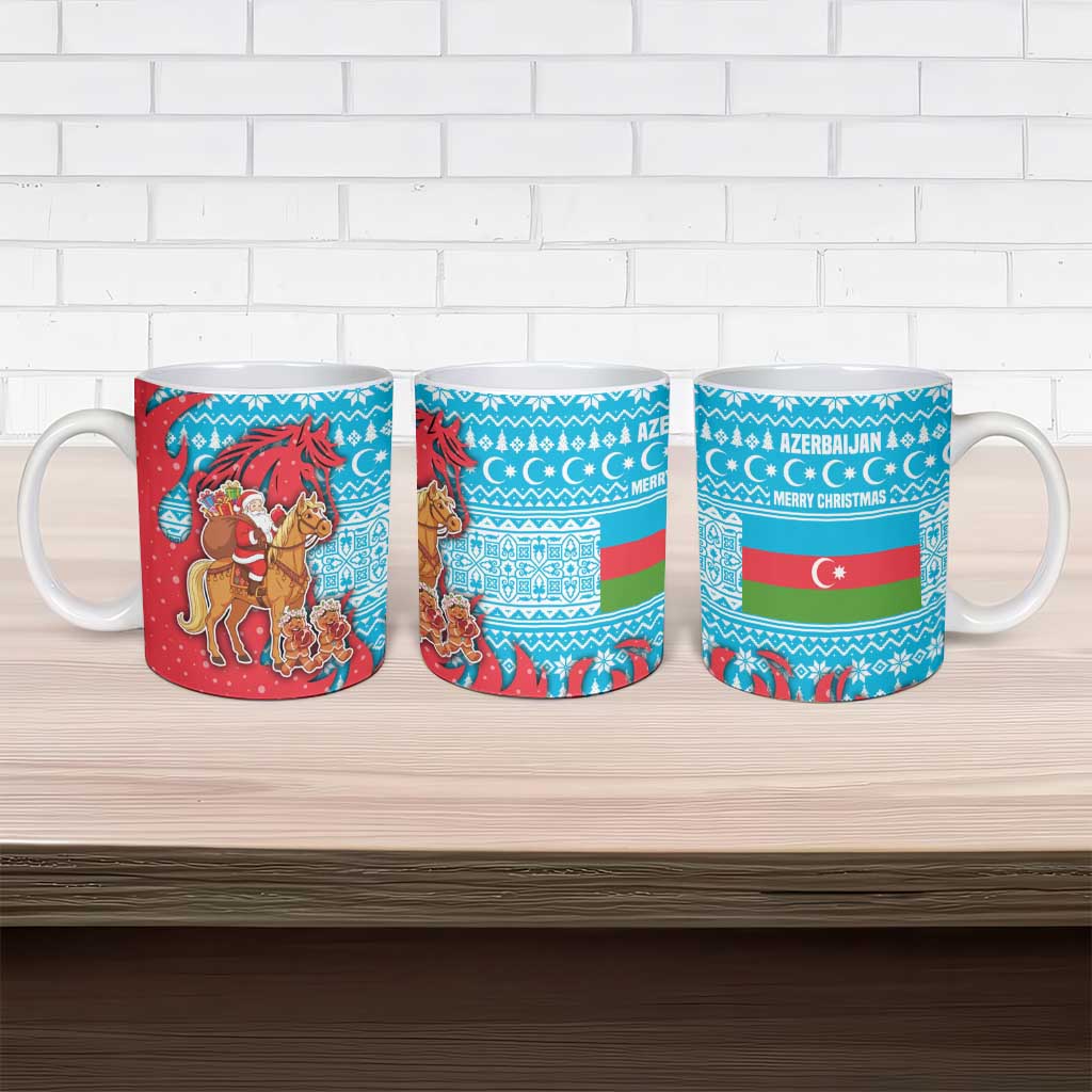 Azerbaijan Christmas Ceramic Mug with Santa Riding Horse Red Flame Motif and Blue Islamic Pattern Design - Wonder Print Shop