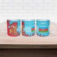 Azerbaijan Christmas Ceramic Mug with Santa Riding Horse Red Flame Motif and Blue Islamic Pattern Design - Wonder Print Shop