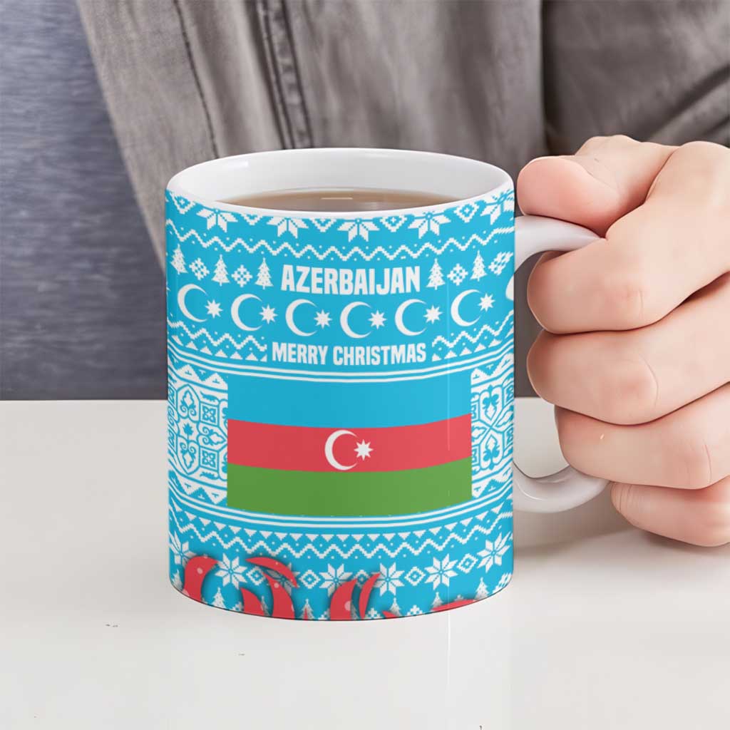 Azerbaijan Christmas Ceramic Mug with Santa Riding Horse Red Flame Motif and Blue Islamic Pattern Design - Wonder Print Shop