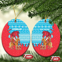 Azerbaijan Christmas Ceramic Ornament with Santa Riding Horse Red Flame Motif and Blue Islamic Pattern Design - Wonder Print Shop