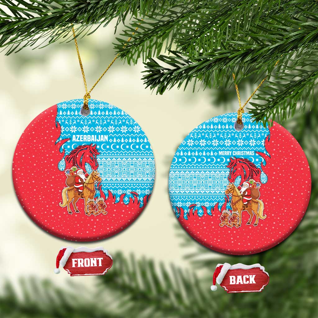 Azerbaijan Christmas Ceramic Ornament with Santa Riding Horse Red Flame Motif and Blue Islamic Pattern Design - Wonder Print Shop