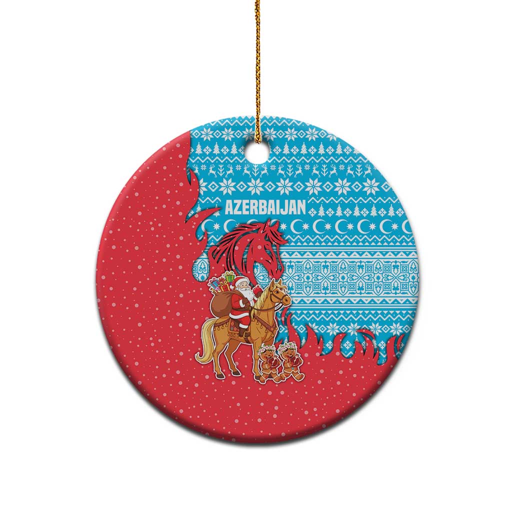 Azerbaijan Christmas Ceramic Ornament with Santa Riding Horse Red Flame Motif and Blue Islamic Pattern Design - Wonder Print Shop