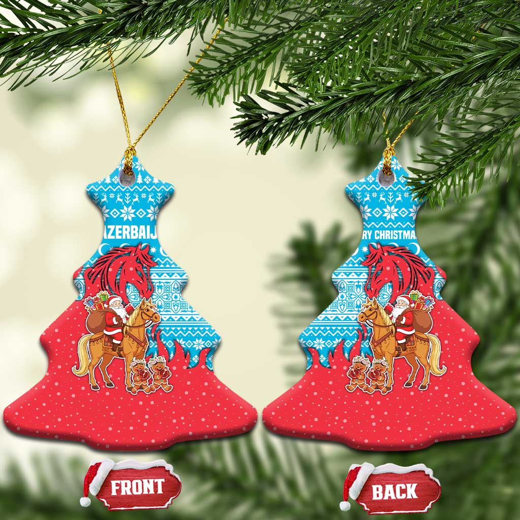 Azerbaijan Christmas Ceramic Ornament with Santa Riding Horse Red Flame Motif and Blue Islamic Pattern Design - Wonder Print Shop