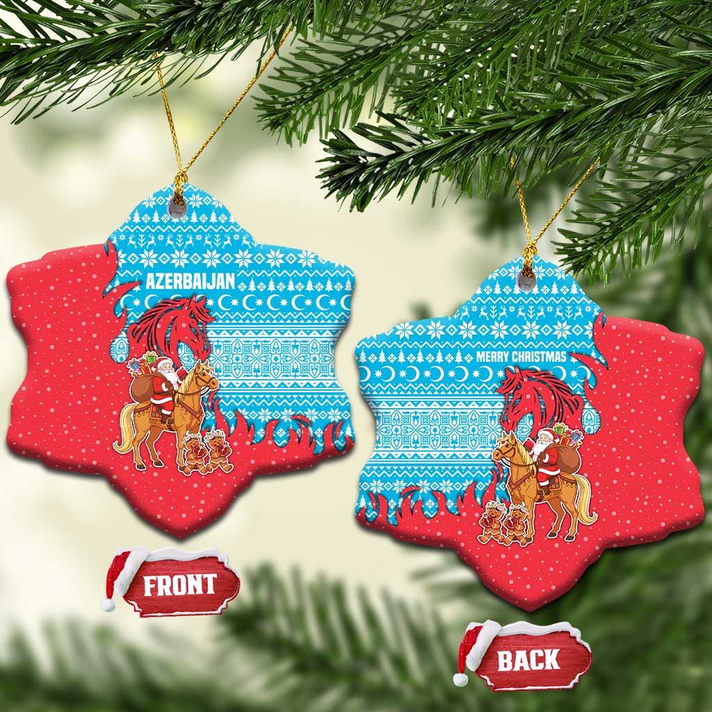 Azerbaijan Christmas Ceramic Ornament with Santa Riding Horse Red Flame Motif and Blue Islamic Pattern Design - Wonder Print Shop