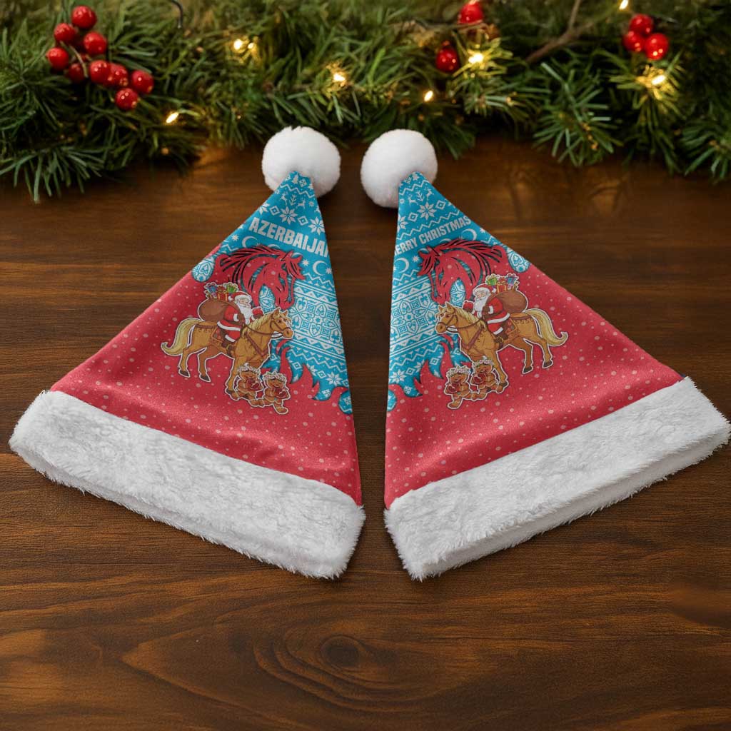Azerbaijan Christmas Santa Hat with Santa Riding Horse Red Flame Motif and Blue Islamic Pattern Design - Wonder Print Shop