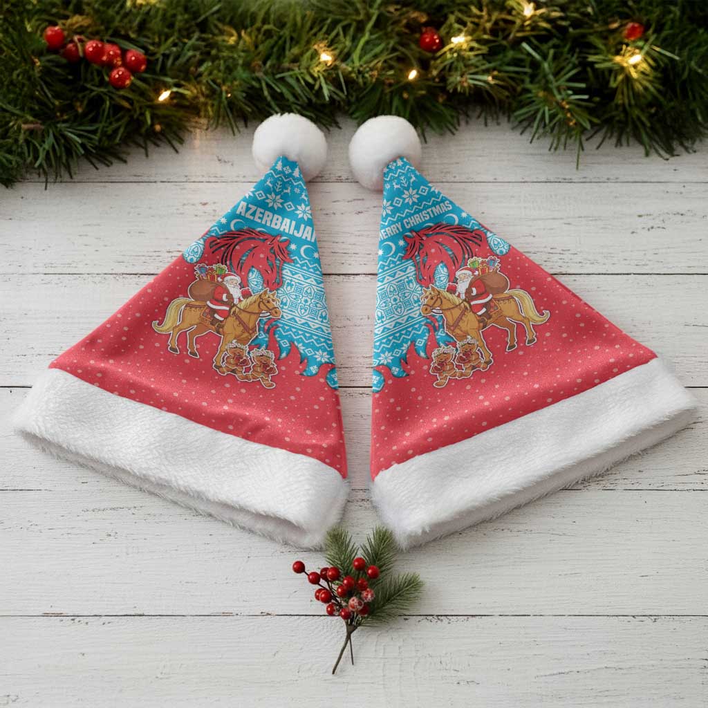 Azerbaijan Christmas Santa Hat with Santa Riding Horse Red Flame Motif and Blue Islamic Pattern Design - Wonder Print Shop