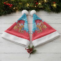Azerbaijan Christmas Santa Hat with Santa Riding Horse Red Flame Motif and Blue Islamic Pattern Design - Wonder Print Shop
