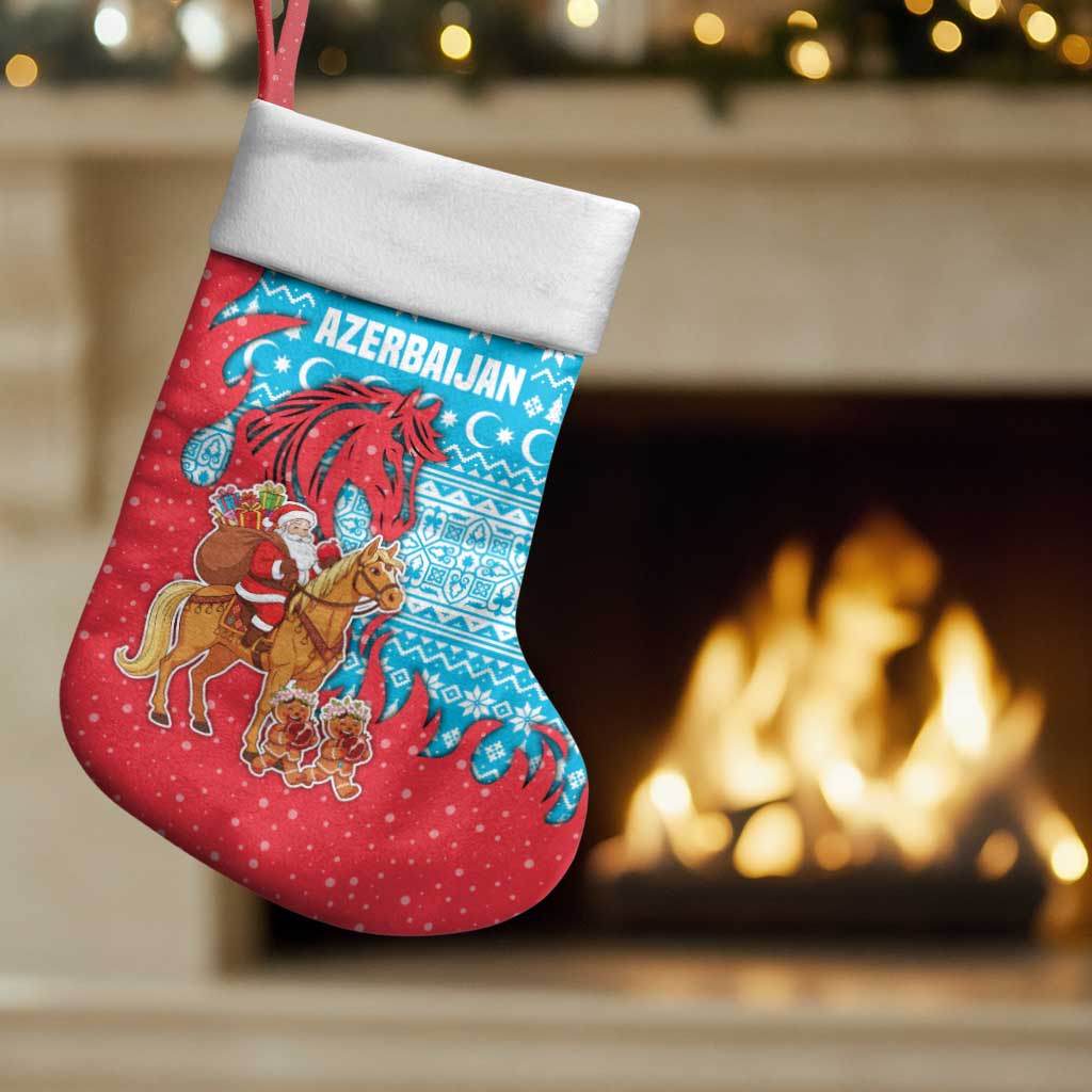 Azerbaijan Christmas Stocking with Santa Riding Horse Red Flame Motif and Blue Islamic Pattern Design - Wonder Print Shop