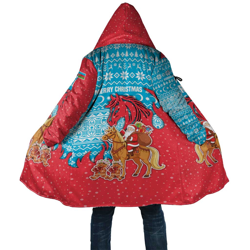 Azerbaijan Christmas Cloak with Santa Riding Horse Red Flame Motif and Blue Islamic Pattern Design - Wonder Print Shop