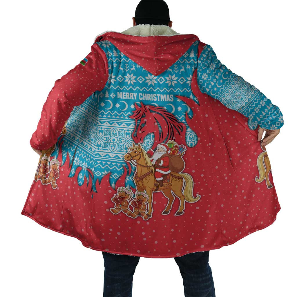 Azerbaijan Christmas Cloak with Santa Riding Horse Red Flame Motif and Blue Islamic Pattern Design - Wonder Print Shop