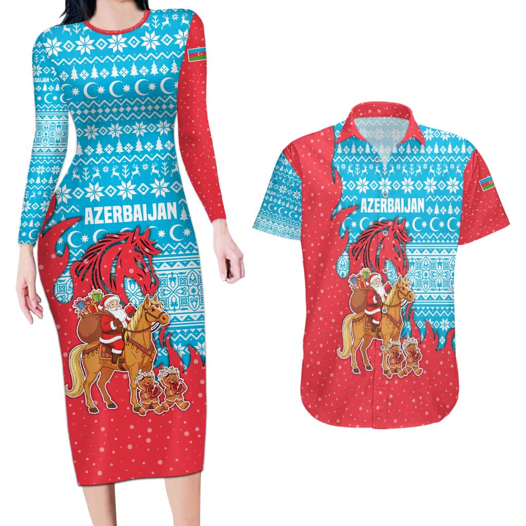 Azerbaijan Christmas Couples Matching Long Sleeve Bodycon Dress and Hawaiian Shirt with Santa Riding Horse Red Flame Motif and Blue Islamic Pattern Design - Wonder Print Shop