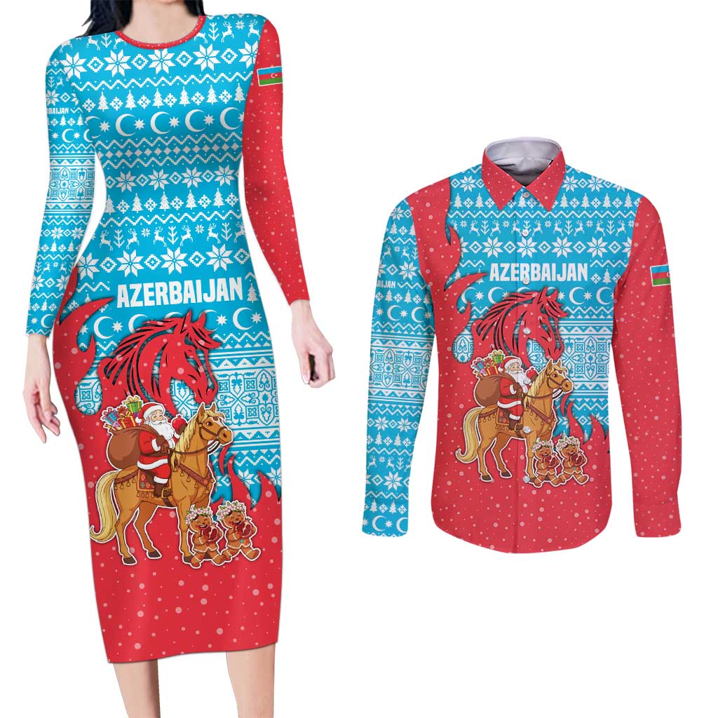 Azerbaijan Christmas Couples Matching Long Sleeve Bodycon Dress and Long Sleeve Button Shirt with Santa Riding Horse Red Flame Motif and Blue Islamic Pattern Design - Wonder Print Shop