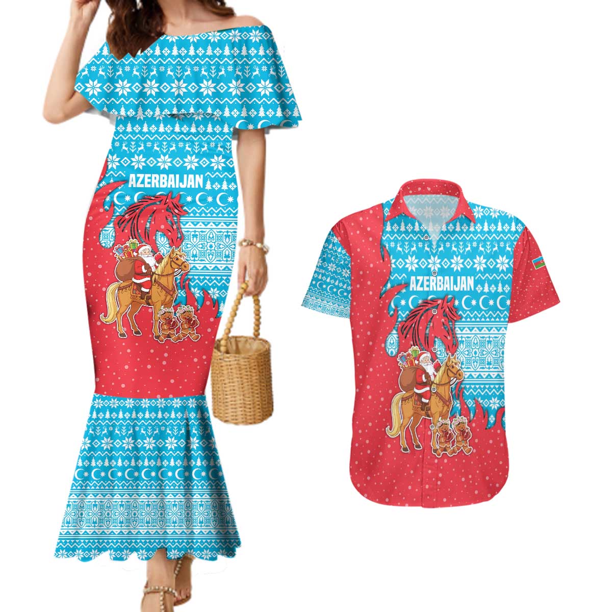 Azerbaijan Christmas Couples Matching Mermaid Dress and Hawaiian Shirt with Santa Riding Horse Red Flame Motif and Blue Islamic Pattern Design - Wonder Print Shop
