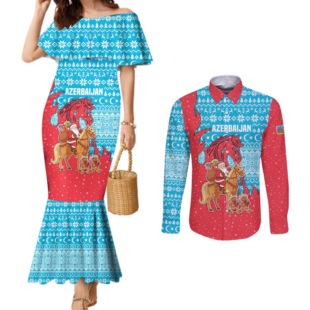 Azerbaijan Christmas Couples Matching Mermaid Dress and Long Sleeve Button Shirt with Santa Riding Horse Red Flame Motif and Blue Islamic Pattern Design - Wonder Print Shop