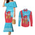 Azerbaijan Christmas Couples Matching Mermaid Dress and Long Sleeve Button Shirt with Santa Riding Horse Red Flame Motif and Blue Islamic Pattern Design - Wonder Print Shop