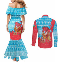 Azerbaijan Christmas Couples Matching Mermaid Dress and Long Sleeve Button Shirt with Santa Riding Horse Red Flame Motif and Blue Islamic Pattern Design - Wonder Print Shop