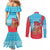 Azerbaijan Christmas Couples Matching Mermaid Dress and Long Sleeve Button Shirt with Santa Riding Horse Red Flame Motif and Blue Islamic Pattern Design - Wonder Print Shop
