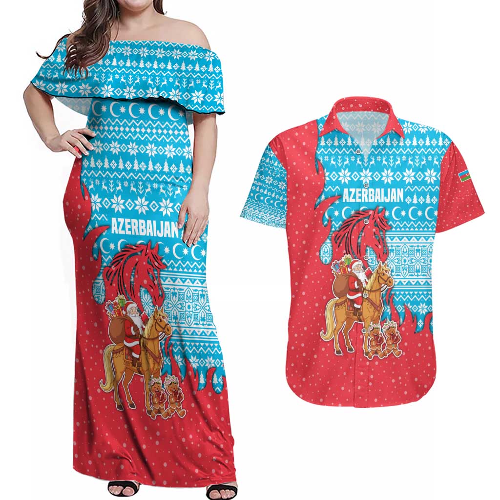 Azerbaijan Christmas Couples Matching Off Shoulder Maxi Dress and Hawaiian Shirt with Santa Riding Horse Red Flame Motif and Blue Islamic Pattern Design - Wonder Print Shop