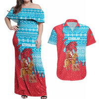 Azerbaijan Christmas Couples Matching Off Shoulder Maxi Dress and Hawaiian Shirt with Santa Riding Horse Red Flame Motif and Blue Islamic Pattern Design - Wonder Print Shop