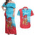 Azerbaijan Christmas Couples Matching Off Shoulder Maxi Dress and Hawaiian Shirt with Santa Riding Horse Red Flame Motif and Blue Islamic Pattern Design - Wonder Print Shop